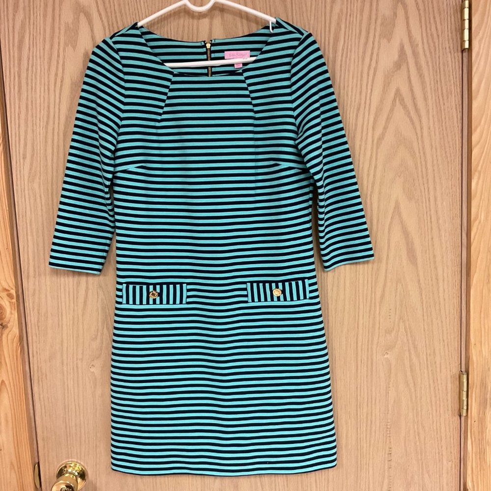 Lilly Pulitzer Green Teal & Dark Blue Striped Knee Length Dress Sz Med.